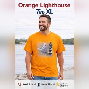 Men’s Anvil XL Lighthouse Nautical Graphic Tee Orange Boat Seagull Shirt
